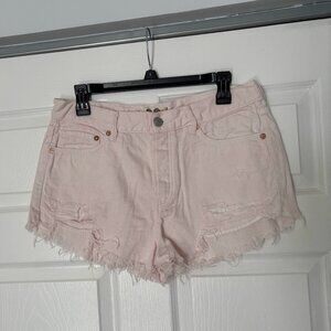 Free People Light Pink Distressed Button Fly Denim Shorts